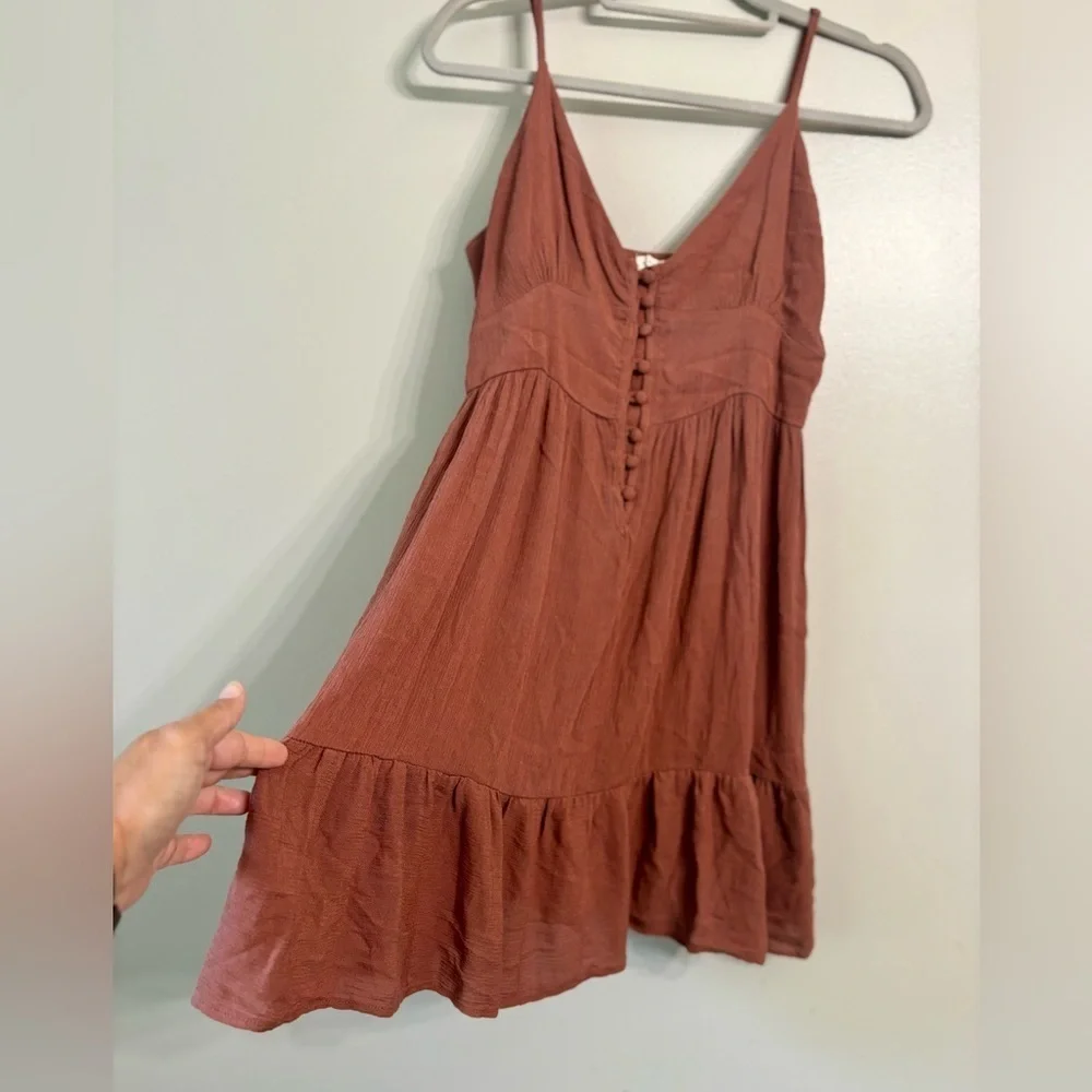 Aeropostale dark terra-cotta Button-Front Midi Dress, Babydoll, Smocking - Picture 2 of 6